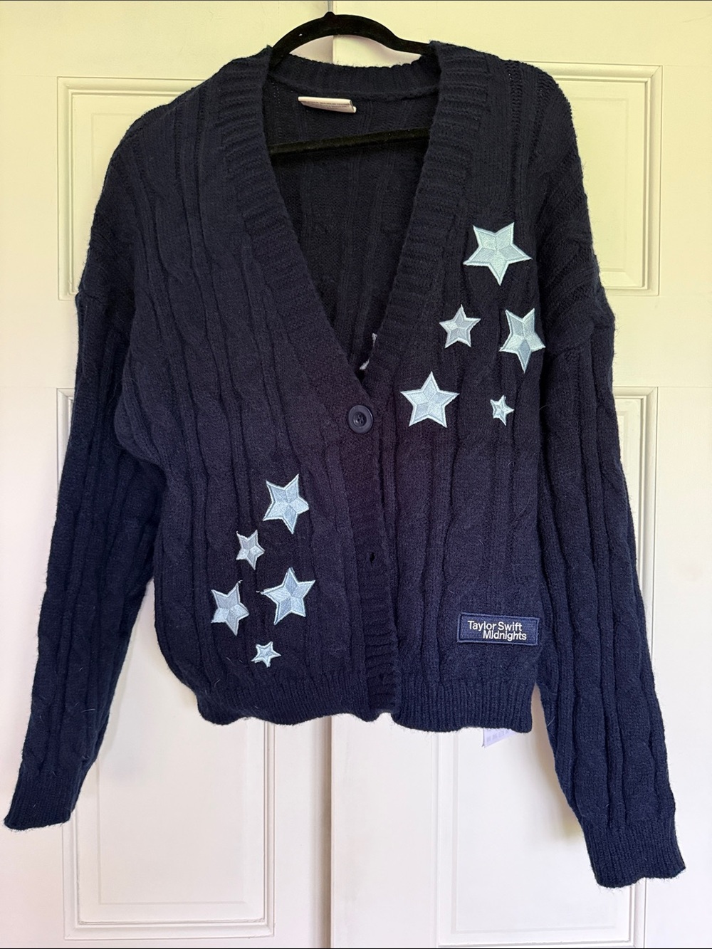 Taylor Swift Navy Cardigan with Light Blue Star Appliqués